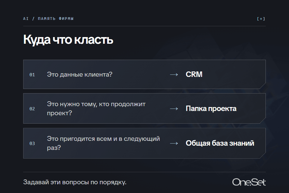 Три вопроса по порядку: данные клиента в CRM, контекст для продолжения проекта в его папку, общее правило в базу знаний