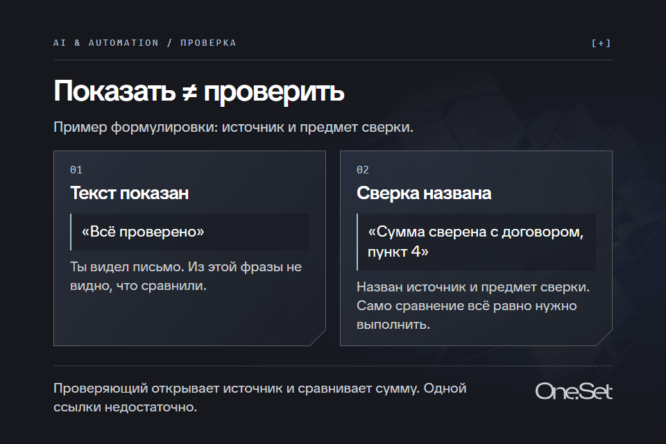 Показанный текст со словами «всё проверено» не подтверждает сравнение. Нужно назвать источник и предмет сверки, открыть источник и выполнить сравнение